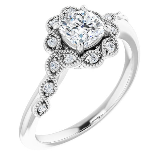 10K White Gold Customizable 3-stone Design with Cushion Cut Center and Halo Enhancement