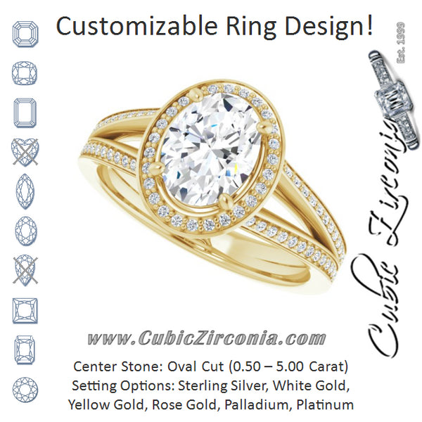 Cubic Zirconia Engagement Ring- The Carrie (Customizable Oval Cut Design with Split-Band Shared Prong & Halo)