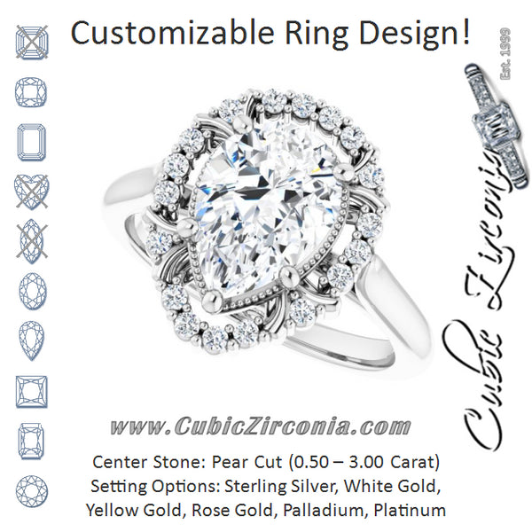 Cubic Zirconia Engagement Ring- The Sana (Customizable Pear Cut Design with Majestic Crown Halo and Raised Illusion Setting)