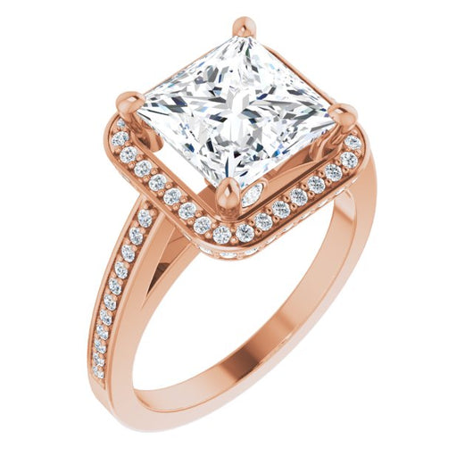 10K Rose Gold Customizable Cathedral-set Princess/Square Cut Design with Halo, Thin Pavé Band & Round-Bezel Peekaboos