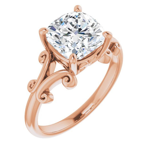 10K Rose Gold Customizable Cushion Cut Solitaire with Band Flourish and Decorative Trellis