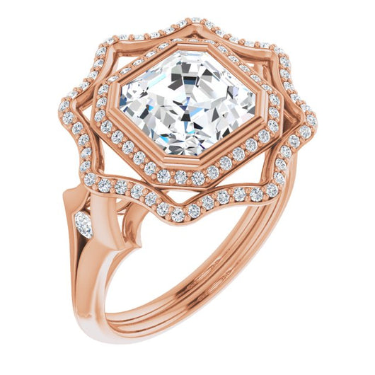 10K Rose Gold Customizable Cathedral-bezel Asscher Cut Design with Floral Double Halo and Channel-Accented Split Band