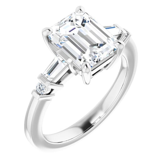 10K White Gold Customizable 5-stone Baguette+Round-Accented Emerald/Radiant Cut Design)