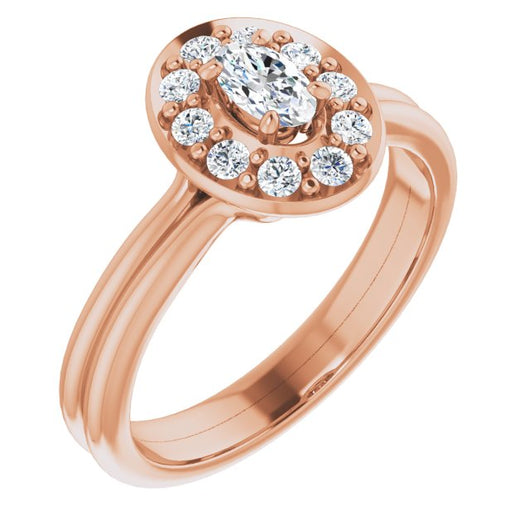 10K Rose Gold Customizable Cluster-Halo Accented Oval Cut Style with Tapered Dual Band