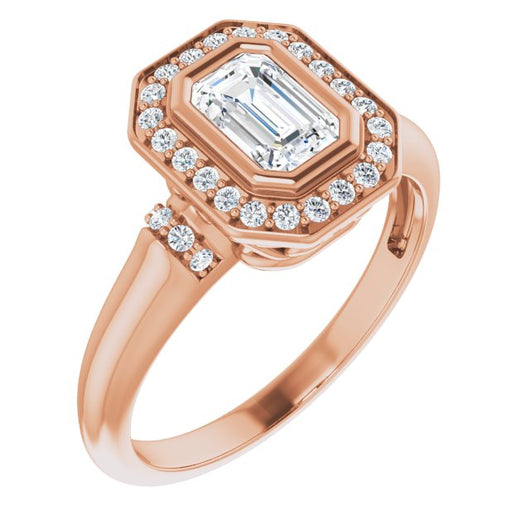 10K Rose Gold Customizable Bezel-set Emerald/Radiant Cut Design with Halo and Vertical Round Channel Accents