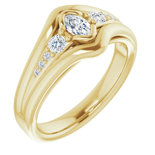 10K Yellow Gold Customizable 9-stone Marquise Cut Design with Bezel Center, Wide Band and Round Prong Side Stones