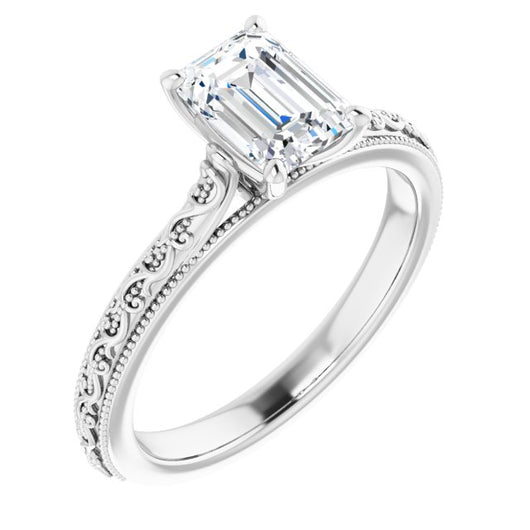 10K White Gold Customizable Emerald/Radiant Cut Solitaire with Delicate Milgrain Filigree Band