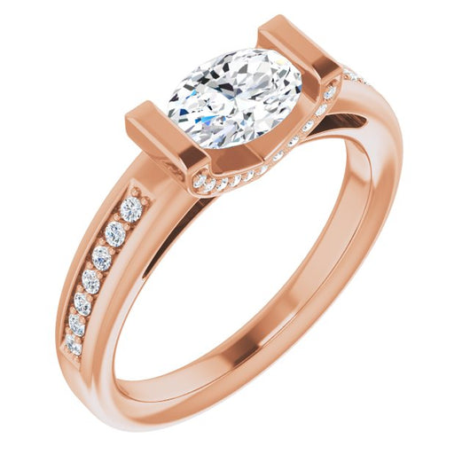 10K Rose Gold Customizable Cathedral-Bar Oval Cut Design featuring Shared Prong Band and Prong Accents