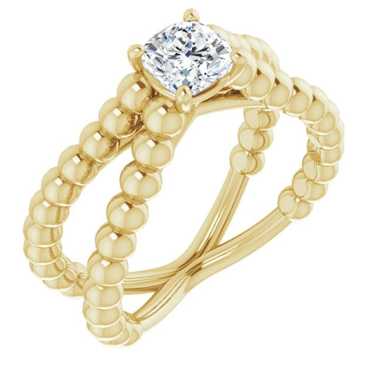 10K Yellow Gold Customizable Cushion Cut Solitaire with Wide Beaded Split-Band