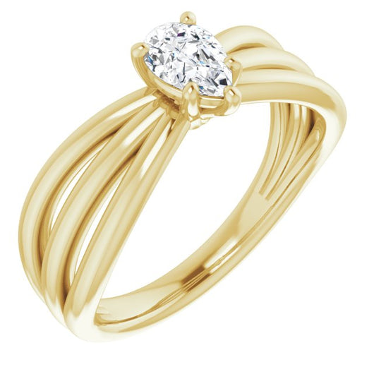 10K Yellow Gold Customizable Pear Cut Solitaire Design with Wide, Ribboned Split-band