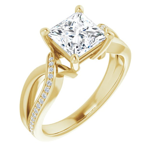 10K Yellow Gold Customizable Princess/Square Cut Center with Curving Split-Band featuring One Shared Prong Leg