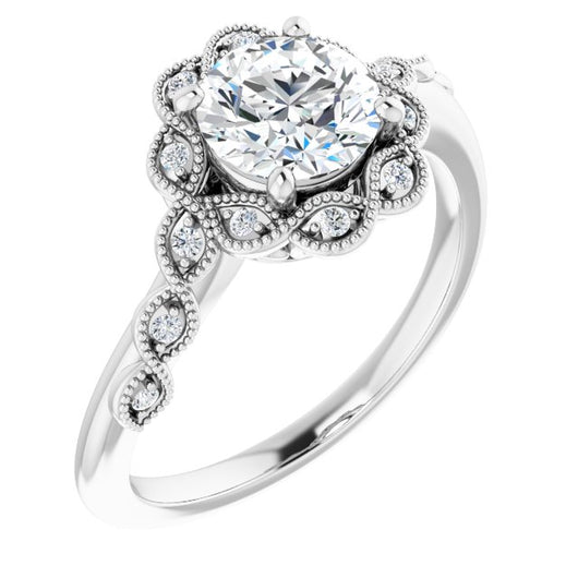 10K White Gold Customizable 3-stone Design with Round Cut Center and Halo Enhancement