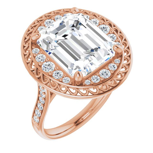 10K Rose Gold Customizable Cathedral-style Emerald/Radiant Cut featuring Cluster Accented Filigree Setting & Shared Prong Band