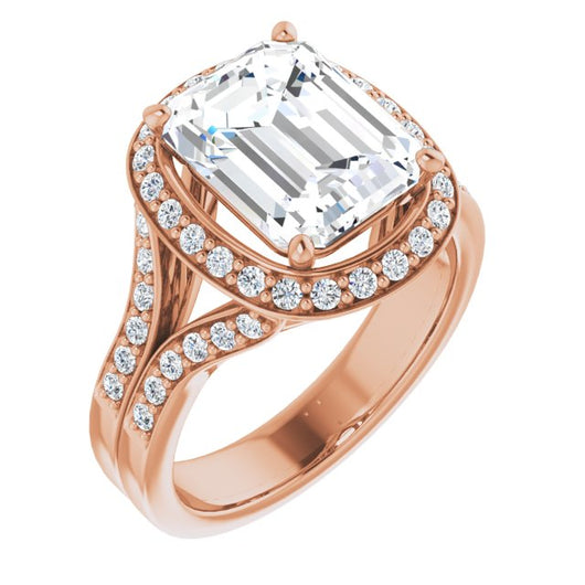 10K Rose Gold Customizable Emerald/Radiant Cut Halo Style with Accented Split-Band