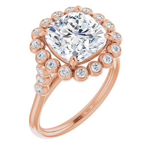 10K Rose Gold Customizable Cushion Cut Cathedral-Style Clustered Halo Design with Round Bezel Accents