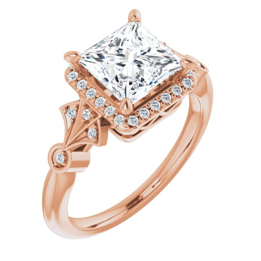 10K Rose Gold Customizable Cathedral-Crown Princess/Square Cut Design with Halo and Scalloped Side Stones