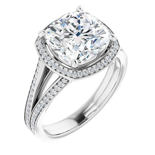 10K White Gold Customizable Cushion Cut Design with Split-Band Shared Prong & Halo