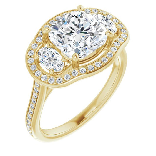 10K Yellow Gold Customizable Cushion Cut Style with Oval Cut Accents, 3-stone Halo & Thin Shared Prong Band