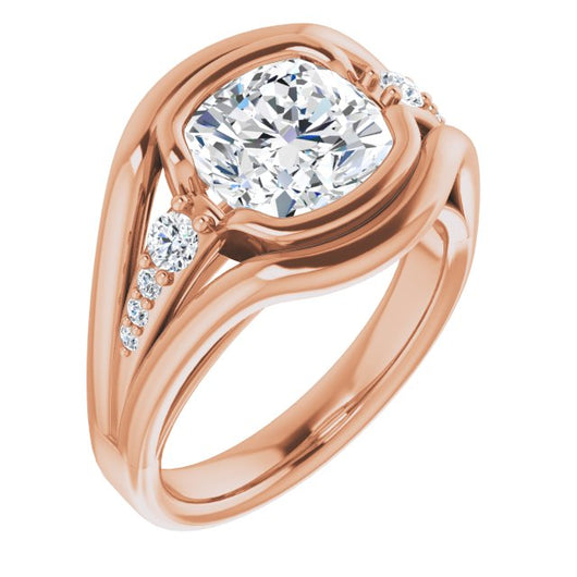 10K Rose Gold Customizable 9-stone Cushion Cut Design with Bezel Center, Wide Band and Round Prong Side Stones