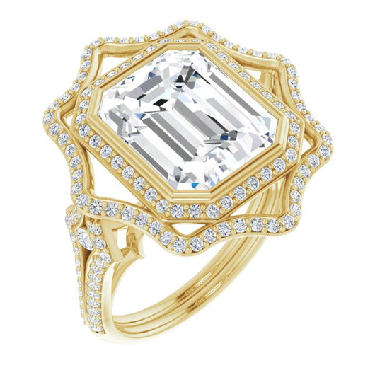 10K Yellow Gold Customizable Emerald/Radiant Cut Style with Ultra-wide Pavé Split-Band and Nature-Inspired Double Halo