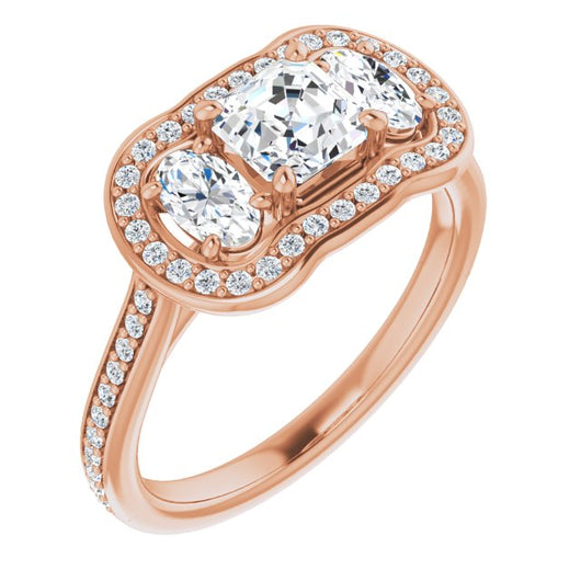 10K Rose Gold Customizable Asscher Cut Style with Oval Cut Accents, 3-stone Halo & Thin Shared Prong Band