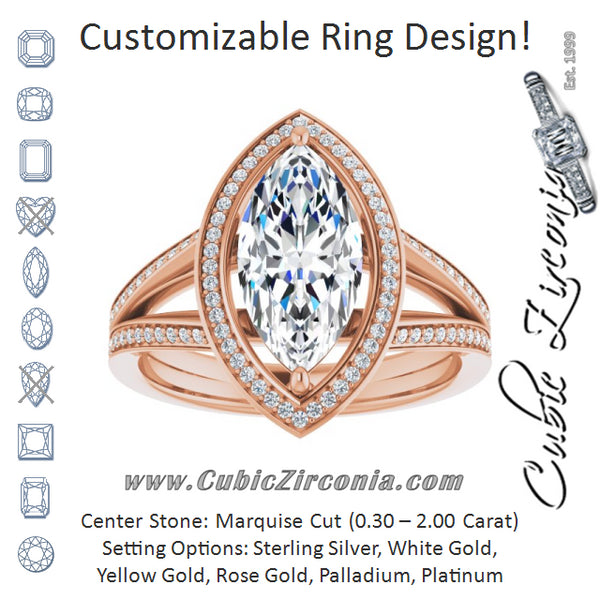 Cubic Zirconia Engagement Ring- The Carrie (Customizable Marquise Cut Design with Split-Band Shared Prong & Halo)