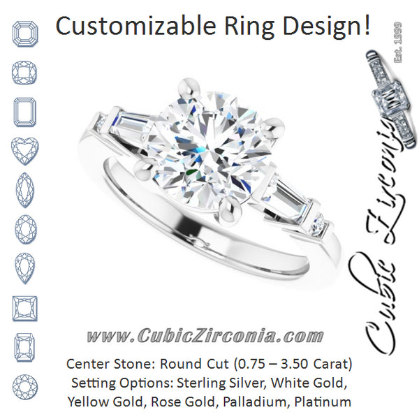 Cubic Zirconia Engagement Ring- The Belem (Customizable 5-stone Baguette+Round-Accented Round Cut Design))