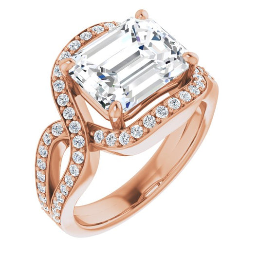 10K Rose Gold Customizable Emerald/Radiant Cut Center with Infinity-inspired Split Shared Prong Band and Bypass Halo