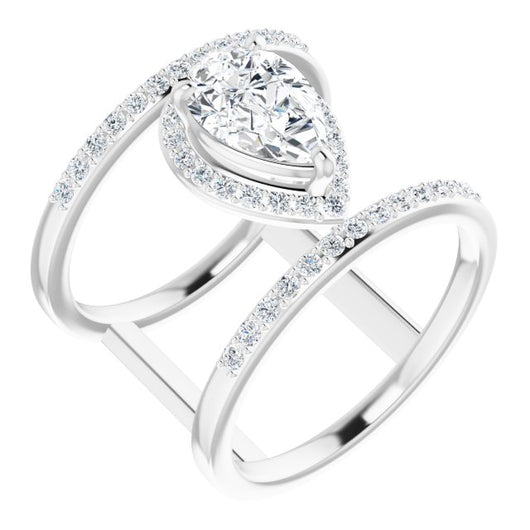 10K White Gold Customizable Pear Cut Halo Design with Open, Ultrawide Harness Double Pavé Band