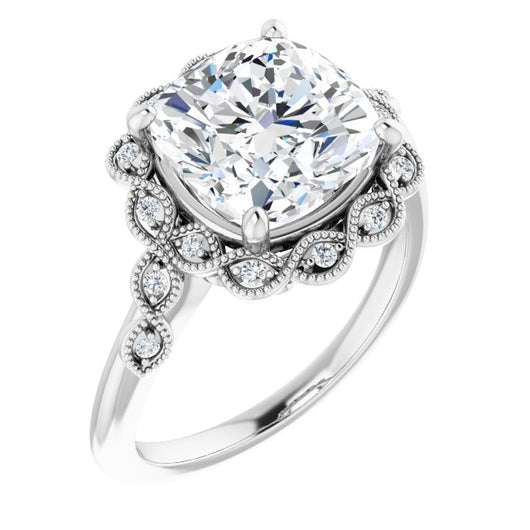 10K White Gold Customizable 3-stone Design with Cushion Cut Center and Halo Enhancement