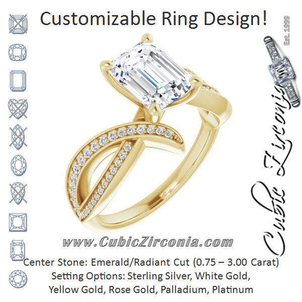 Cubic Zirconia Engagement Ring- The Vada (Customizable Emerald Cut Design with Swooping Shared Prong Bypass Band)