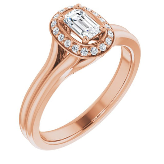 10K Rose Gold Customizable Cathedral-set Emerald/Radiant Cut Design with Split-band & Halo Accents