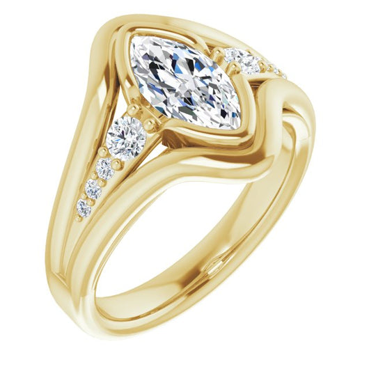 10K Yellow Gold Customizable 9-stone Marquise Cut Design with Bezel Center, Wide Band and Round Prong Side Stones