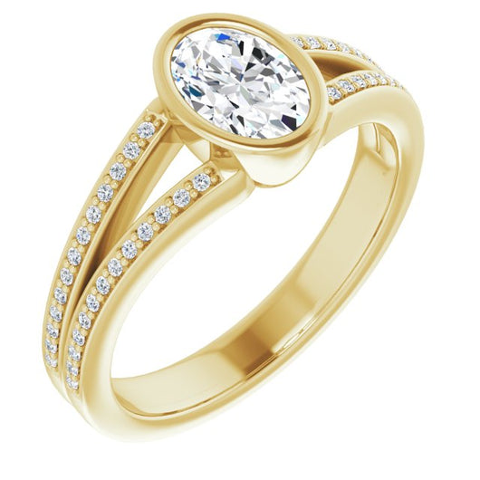 10K Yellow Gold Customizable Bezel-set Oval Cut Design with Split Shared Prong Band