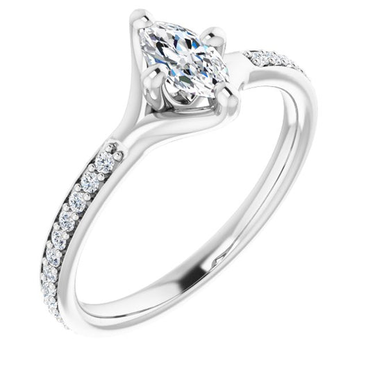 10K White Gold Customizable Marquise Cut Design featuring Thin Band and Shared-Prong Round Accents