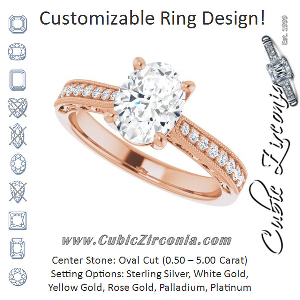 Cubic Zirconia Engagement Ring- The Lina (Customizable Oval Cut Design with Round Band Accents and Three-sided Filigree Engraving)