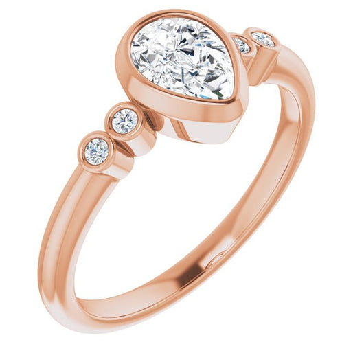 10K Rose Gold Customizable 5-stone Bezel-set Pear Cut Design with Quad Round-Bezel Side Stones