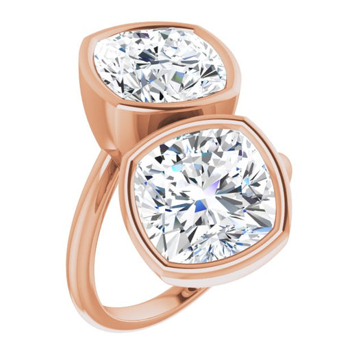 10K Rose Gold Customizable 2-stone Double Bezel Cushion Cut Design with Artisan Bypass Band