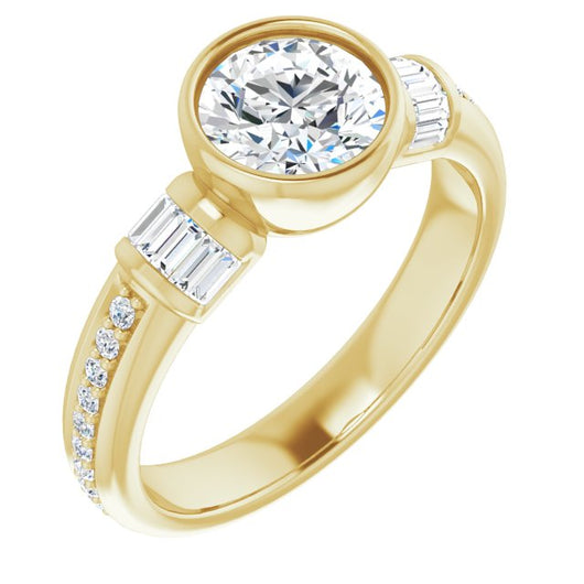 10K Yellow Gold Customizable Cathedral-Bezel Round Cut Style with Horizontal Baguettes & Shared Prong Band