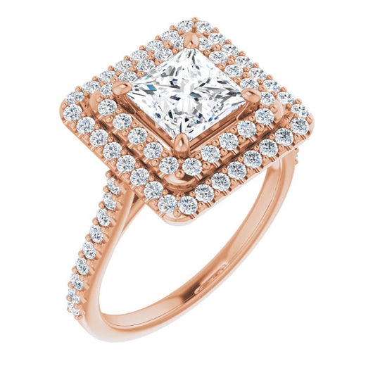 10K Rose Gold Customizable Double-Halo Princess/Square Cut Design with Accented Split Band