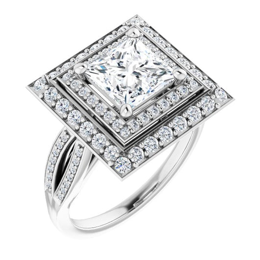 10K White Gold Customizable Cathedral-style Princess/Square Cut Design with Double Halo & Split-Pavé Band