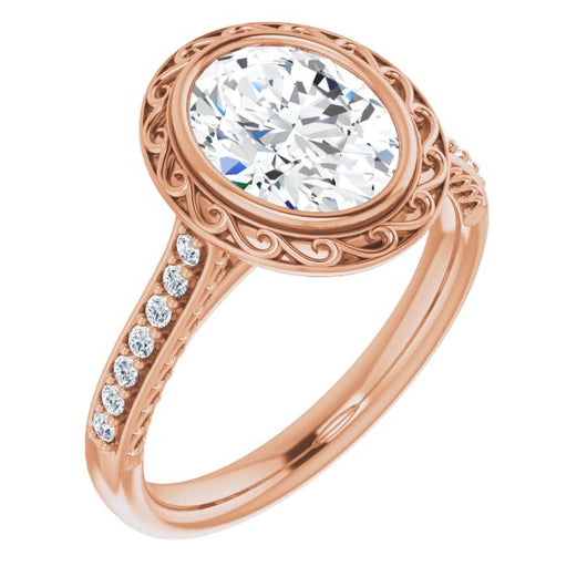 10K Rose Gold Customizable Cathedral-Bezel Oval Cut Design featuring Accented Band with Filigree Inlay