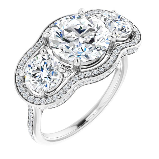 10K White Gold Customizable 3-stone Round Cut Design with Multi-Halo Enhancement and 150+-stone Pavé Band