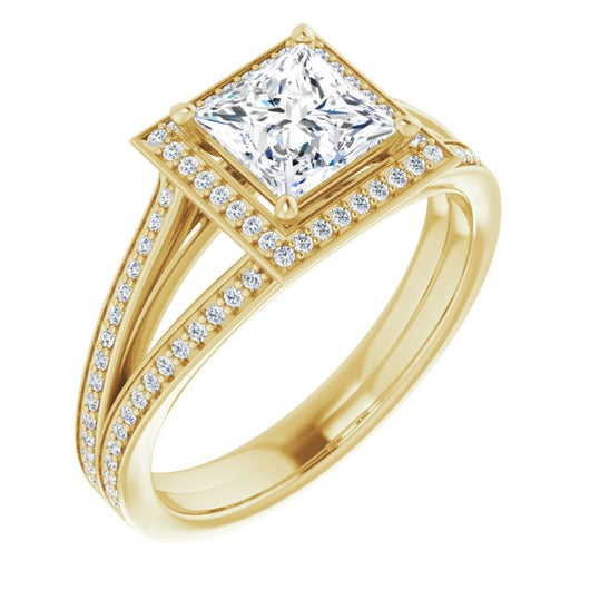 10K Yellow Gold Customizable Princess/Square Cut Design with Split-Band Shared Prong & Halo