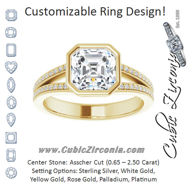 Cubic Zirconia Engagement Ring- The Jenni Lou (Customizable Bezel-set Asscher Cut Design with Split Shared Prong Band)