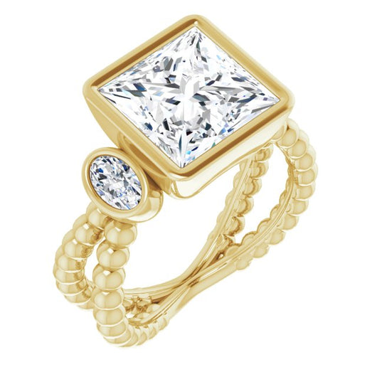 10K Yellow Gold Customizable 3-stone Princess/Square Cut Design with 2 Oval Cut Side Stones and Wide, Bubble-Bead Split-Band