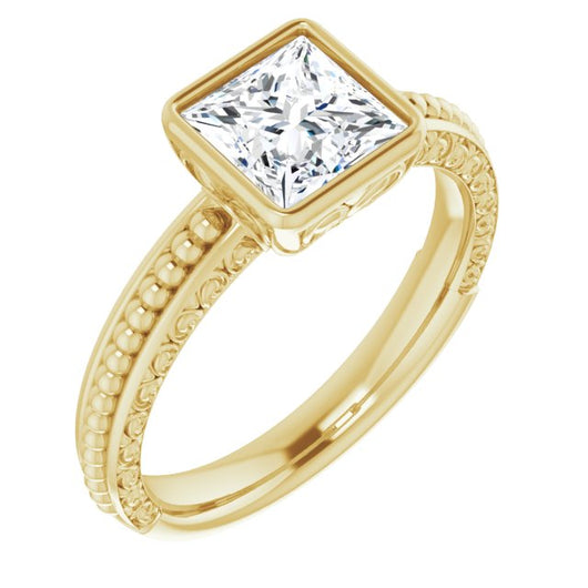 10K Yellow Gold Customizable Bezel-set Princess/Square Cut Solitaire with Beaded and Carved Three-sided Band