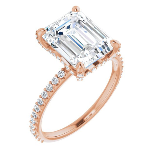 10K Rose Gold Customizable Emerald/Radiant Cut Design with Round-Accented Band, Micropav? Under-Halo and Decorative Prong Accents)