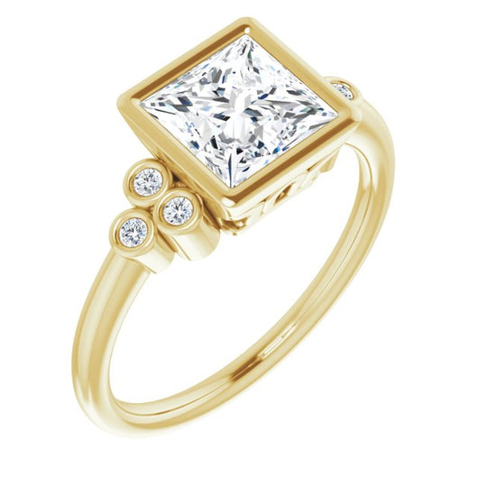 10K Yellow Gold Customizable 7-stone Princess/Square Cut Style with Triple Round-Bezel Accent Cluster Each Side