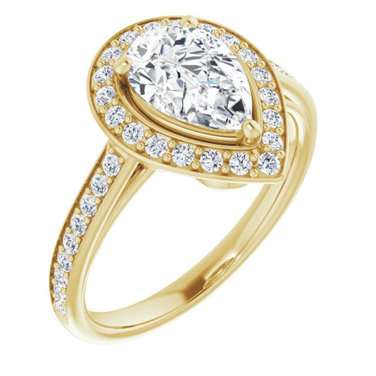 10K Yellow Gold Customizable Cathedral-raised Pear Cut Halo-and-Accented Band Design